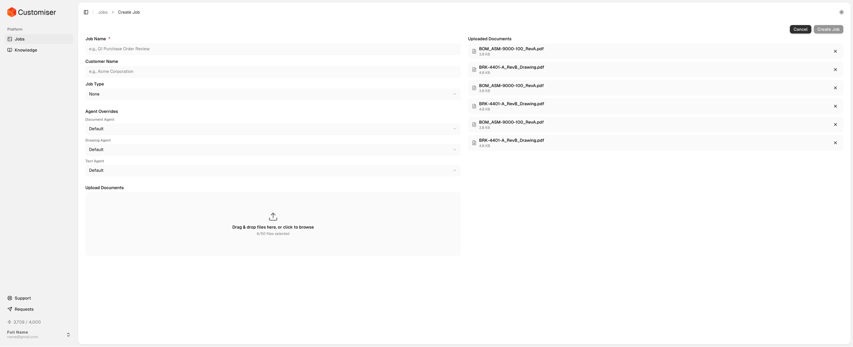 Customiser platform - Create Job view